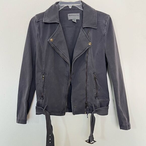 Marrakech Anthropologie Moto Jacket XS Petite Belted Pockets Stretch Fader Gray - Picture 2 of 10